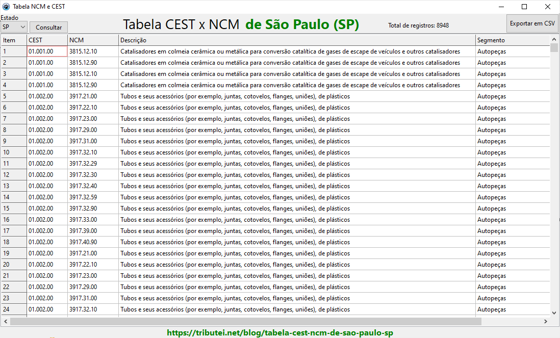 Consulta NCM x CEST por UF (SP, MT, PR) via Tributei.net
